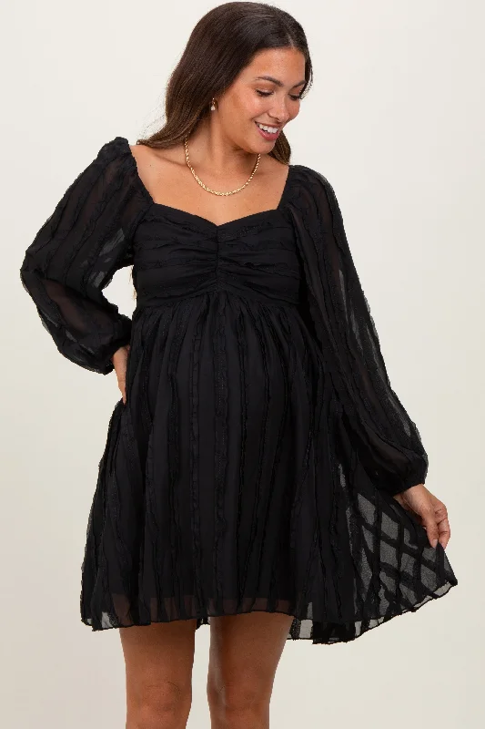 Black Ruffle Textured Maternity Mini Dress Cozy Cowl Neck Mini Dress