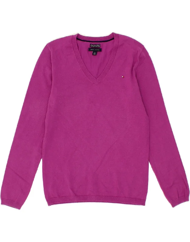 TOMMY HILFIGER Womens V-Neck Jumper Sweater UK 10 Small Pink Cotton Welt Pockets Slit Pockets Flap Pockets TOMMY HILFIGER Womens V-Neck Jumper Sweater UK 10 Small Pink Cotton Welt Pockets Slit Pockets Flap Pockets