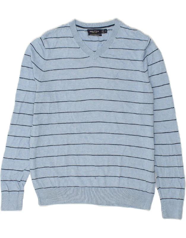 NAUTICA Mens V-Neck Jumper Sweater Small Blue Striped Cotton Jersey Fabric Tulle Fabric Batik Fabric NAUTICA Mens V-Neck Jumper Sweater Small Blue Striped Cotton Jersey Fabric Tulle Fabric Batik Fabric