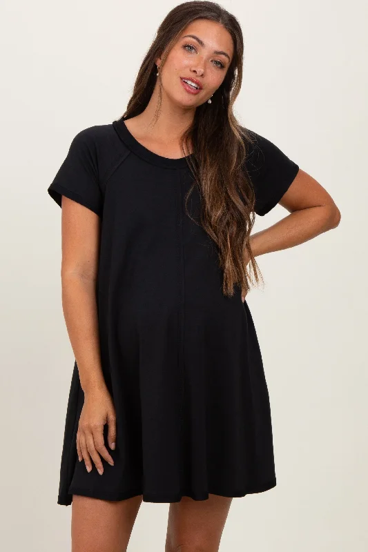 Black French Terry Basic Short Sleeve Maternity Mini Dress Stylish Spaghetti Strap Mini Dress