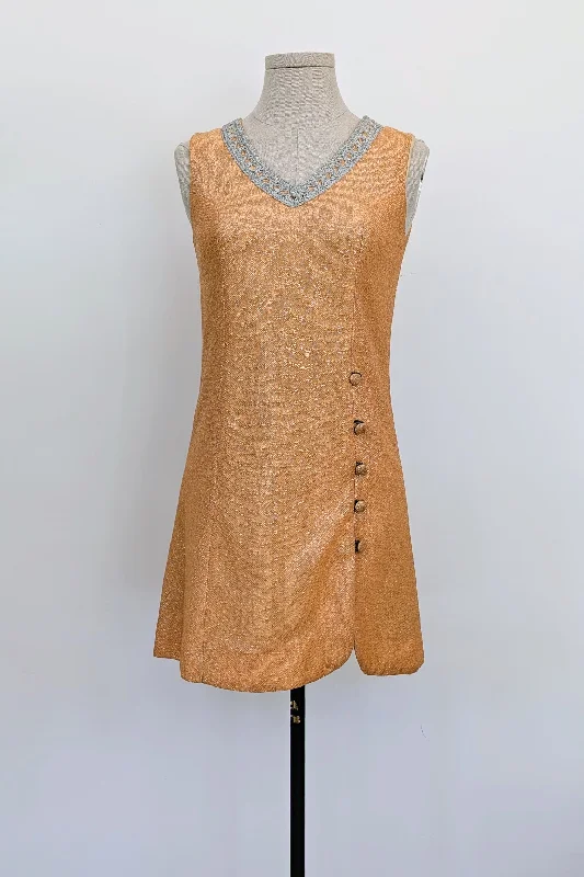 1960's Silver and Orange Lurex Mini Dress Chic Pleated Mini Dress