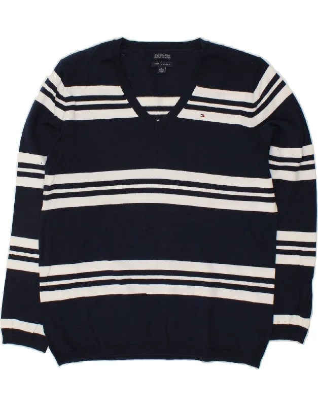 TOMMY HILFIGER Womens V-Neck Jumper Sweater UK 18 XL Navy Blue Striped Spandex Rayon Corduroy TOMMY HILFIGER Womens V-Neck Jumper Sweater UK 18 XL Navy Blue Striped Spandex Rayon Corduroy