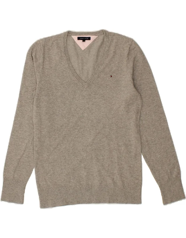 TOMMY HILFIGER Womens V-Neck Jumper Sweater UK 14 Large Grey Cotton Chenille Brocade Lace TOMMY HILFIGER Womens V-Neck Jumper Sweater UK 14 Large Grey Cotton Chenille Brocade Lace