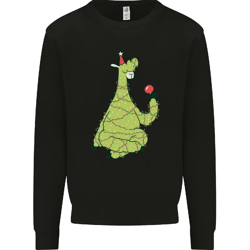 A Llama Wearing a Christmas Hat Xmas Mens Sweatshirt Jumper Hoodie with Hem Raw Edge Edgy Unfinished