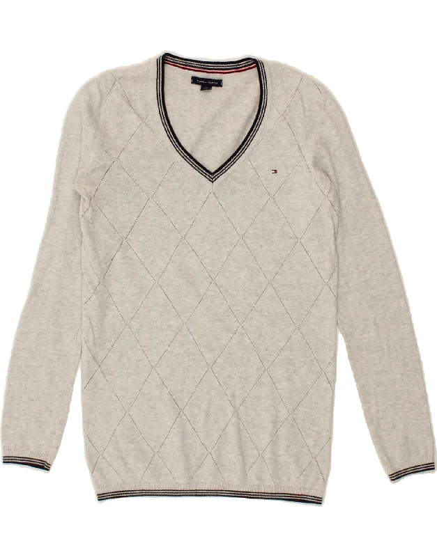 TOMMY HILFIGER Womens V-Neck Jumper Sweater UK 6 XS Grey Argyle/Diamond Fleece Sweater Nylon Polyester TOMMY HILFIGER Womens V-Neck Jumper Sweater UK 6 XS Grey Argyle/Diamond Fleece Sweater Nylon Polyester