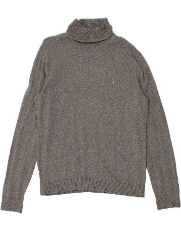 TOMMY HILFIGER Mens Roll Neck Jumper Sweater Large Grey Cotton Solid Print Embellished TOMMY HILFIGER Mens Roll Neck Jumper Sweater Large Grey Cotton Solid Print Embellished