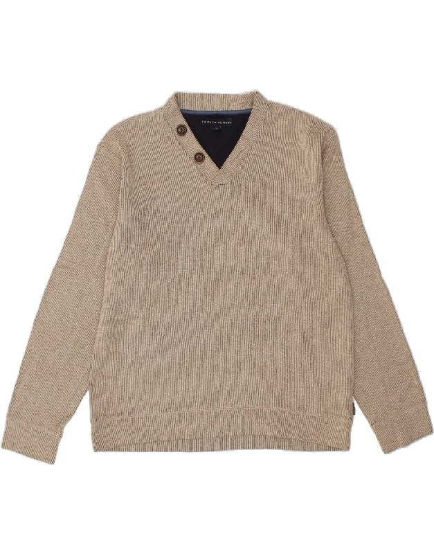 TOMMY HILFIGER Mens V-Neck Jumper Sweater Large Beige Colourblock Cotton Front Pockets Side Pockets Patch Pockets TOMMY HILFIGER Mens V-Neck Jumper Sweater Large Beige Colourblock Cotton Front Pockets Side Pockets Patch Pockets