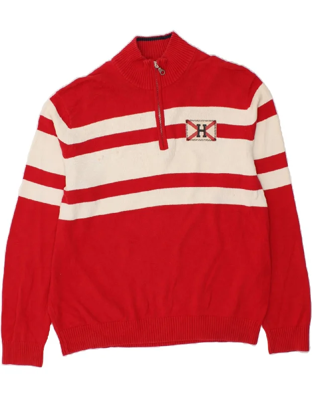 TOMMY HILFIGER Mens Zip Neck Jumper Sweater Large Red Colourblock Cotton Tailored Straight A-Line TOMMY HILFIGER Mens Zip Neck Jumper Sweater Large Red Colourblock Cotton Tailored Straight A-Line