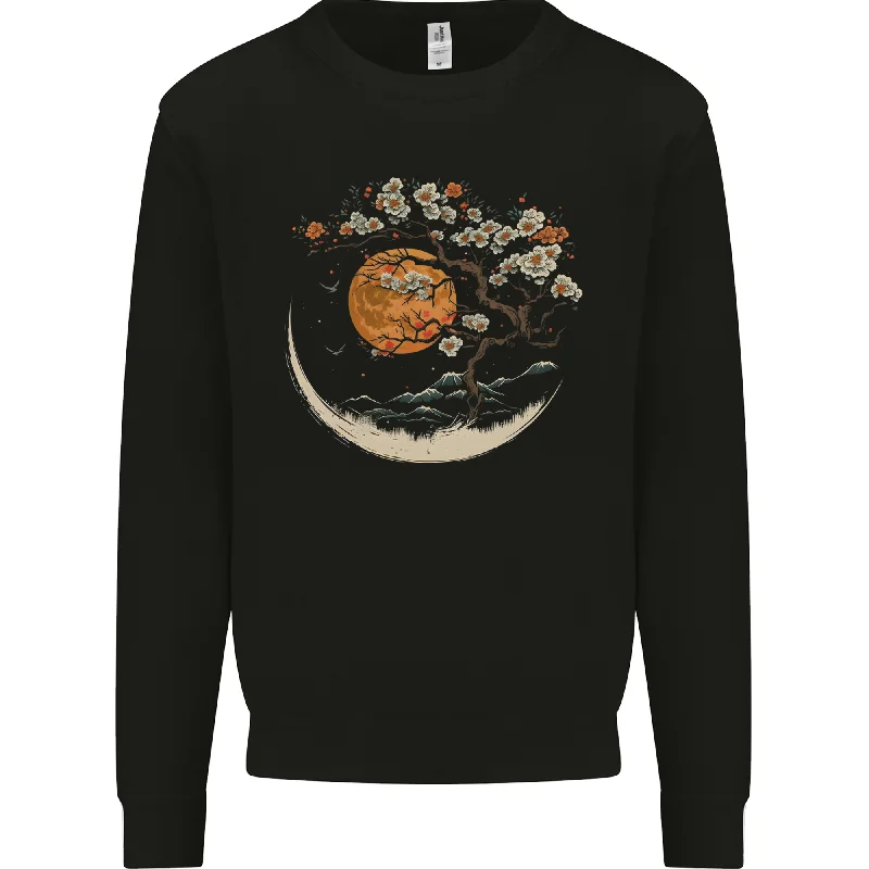 A Japanese Style Tree on a Moon Fantasy Mens Sweatshirt Jumper Hoodie with Longline Fit Extended Stylish