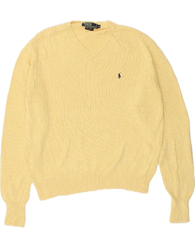 POLO RALPH LAUREN Mens V-Neck Jumper Sweater XL Yellow Linen Ribbed Striped Patterned POLO RALPH LAUREN Mens V-Neck Jumper Sweater XL Yellow Linen Ribbed Striped Patterned