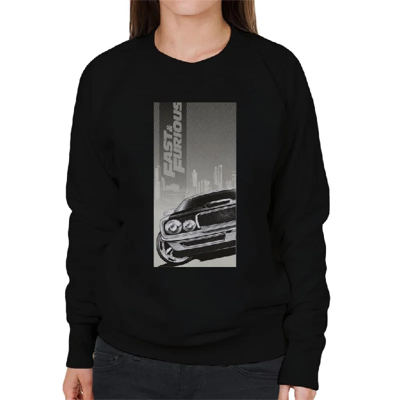 Fast and Furious Dodge Charger City Backdrop Women's Sweatshirt Hoodie with Button Placket Classic Preppy