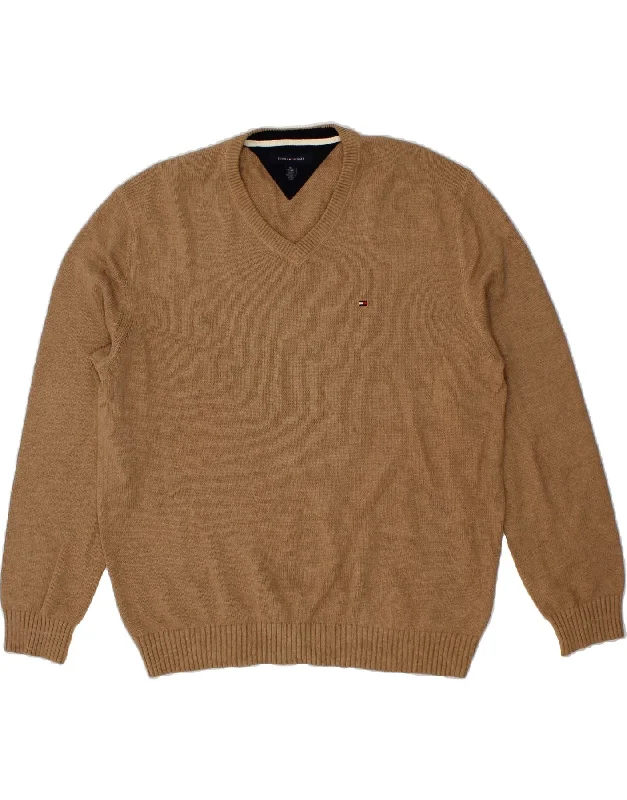 TOMMY HILFIGER Mens V-Neck Jumper Sweater 2XL Brown Cotton Solid Color Striped Floral Print TOMMY HILFIGER Mens V-Neck Jumper Sweater 2XL Brown Cotton Solid Color Striped Floral Print