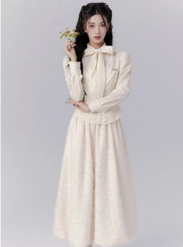 Vintage-Inspired Cream Puff Sleeve Blouse and Midi Skirt Set Off-Shoulder Wrap Blouse Vintage-Inspired Cream Puff Sleeve Blouse and Midi Skirt Set Off-Shoulder Wrap Blouse