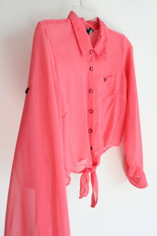 Cotton Express Coral Pink Sheer Chiffon Blouse | L Gathered Detail Blouse