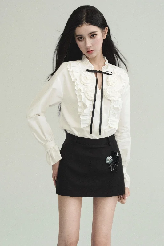Elegant Contrast Ensemble: Crystal-Embellished Tweed Mini Skirt & Victorian Ruffle Blouse Set Office-Ready Blouse Elegant Contrast Ensemble: Crystal-Embellished Tweed Mini Skirt & Victorian Ruffle Blouse Set Office-Ready Blouse