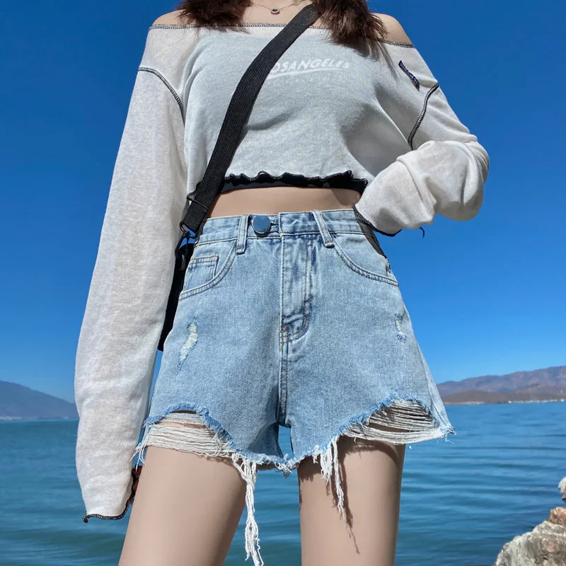 Denim shorts female summer version of the high waist slimming high loose hole wool wrapping pants tide High-Waist Jeans Denim shorts female summer version of the high waist slimming high loose hole wool wrapping pants tide High-Waist Jeans