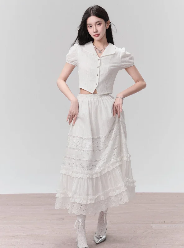 Ethereal Elegance Two-Piece Set: Puff Sleeve Crop Blouse & Tiered Lace Midi Skirt - Pure White Lightweight Floral Blouse Ethereal Elegance Two-Piece Set: Puff Sleeve Crop Blouse & Tiered Lace Midi Skirt - Pure White Lightweight Floral Blouse