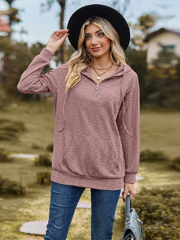 Cable-Knit Zip-Up Hooded Blouse Chic Square Blouse