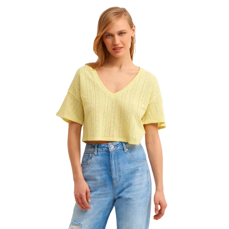 OXXO -  V-Neck Openwork Crop Blouse Peter Pan Blouse