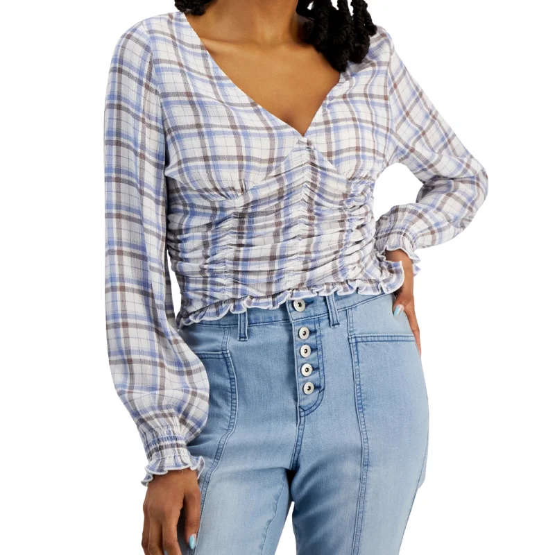 CRAVE FAME - Smocked Long-Sleeve Blouse Satin Drape Blouse