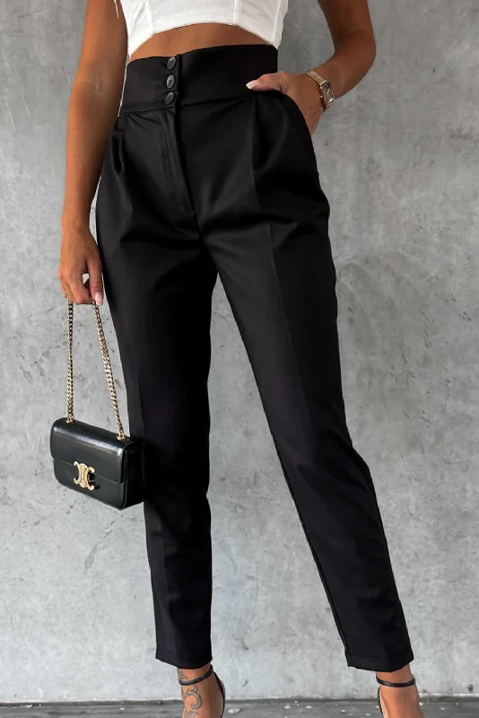 Black Button High Waist Tapered Pants Elegant High-Waist Pants