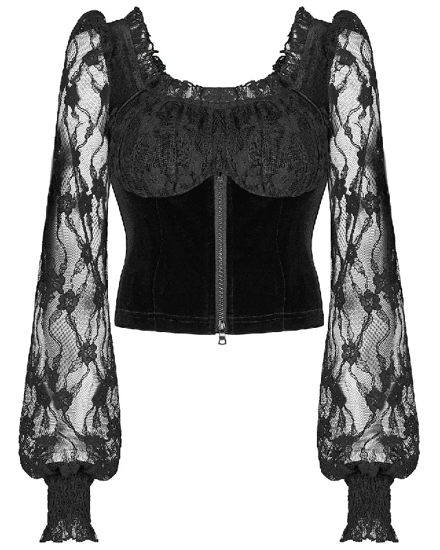 Punk Rave Daily Life Casual Gothic Flocked Velvet Rose Lace Blouse Top Dqf Ruched Sleeve Blouse Punk Rave Daily Life Casual Gothic Flocked Velvet Rose Lace Blouse Top Dqf Ruched Sleeve Blouse