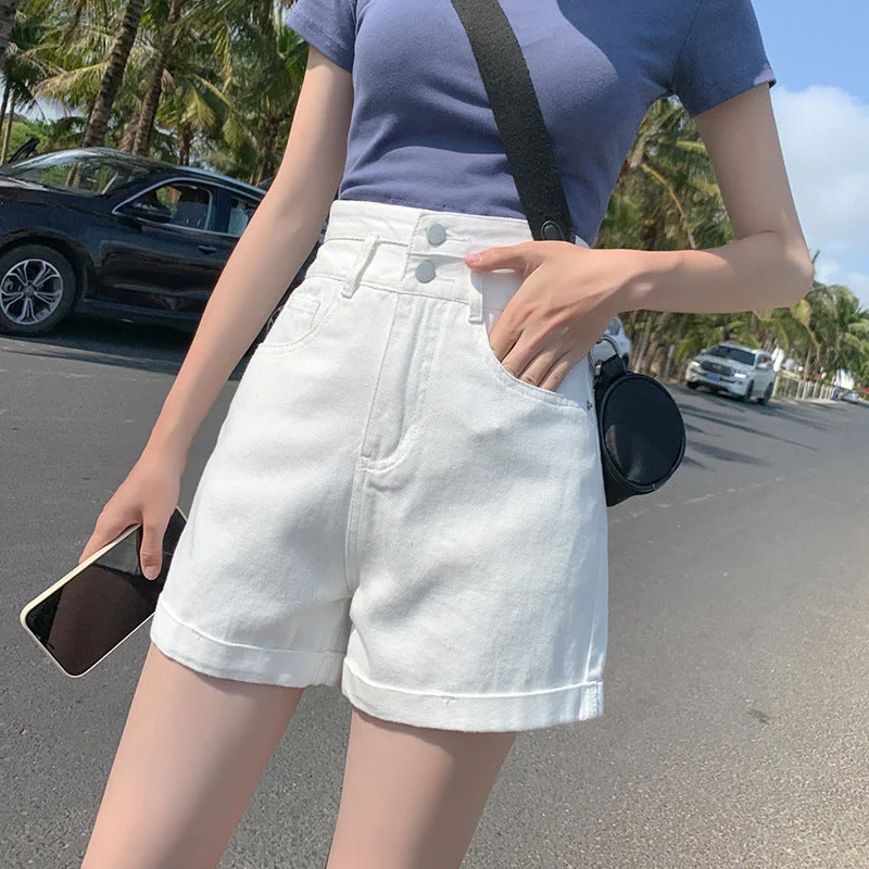 Denim shorts female summer ultra high waist loose double buckle thin flake explosion model white hot pants female Chic Wool Trousers Denim shorts female summer ultra high waist loose double buckle thin flake explosion model white hot pants female Chic Wool Trousers