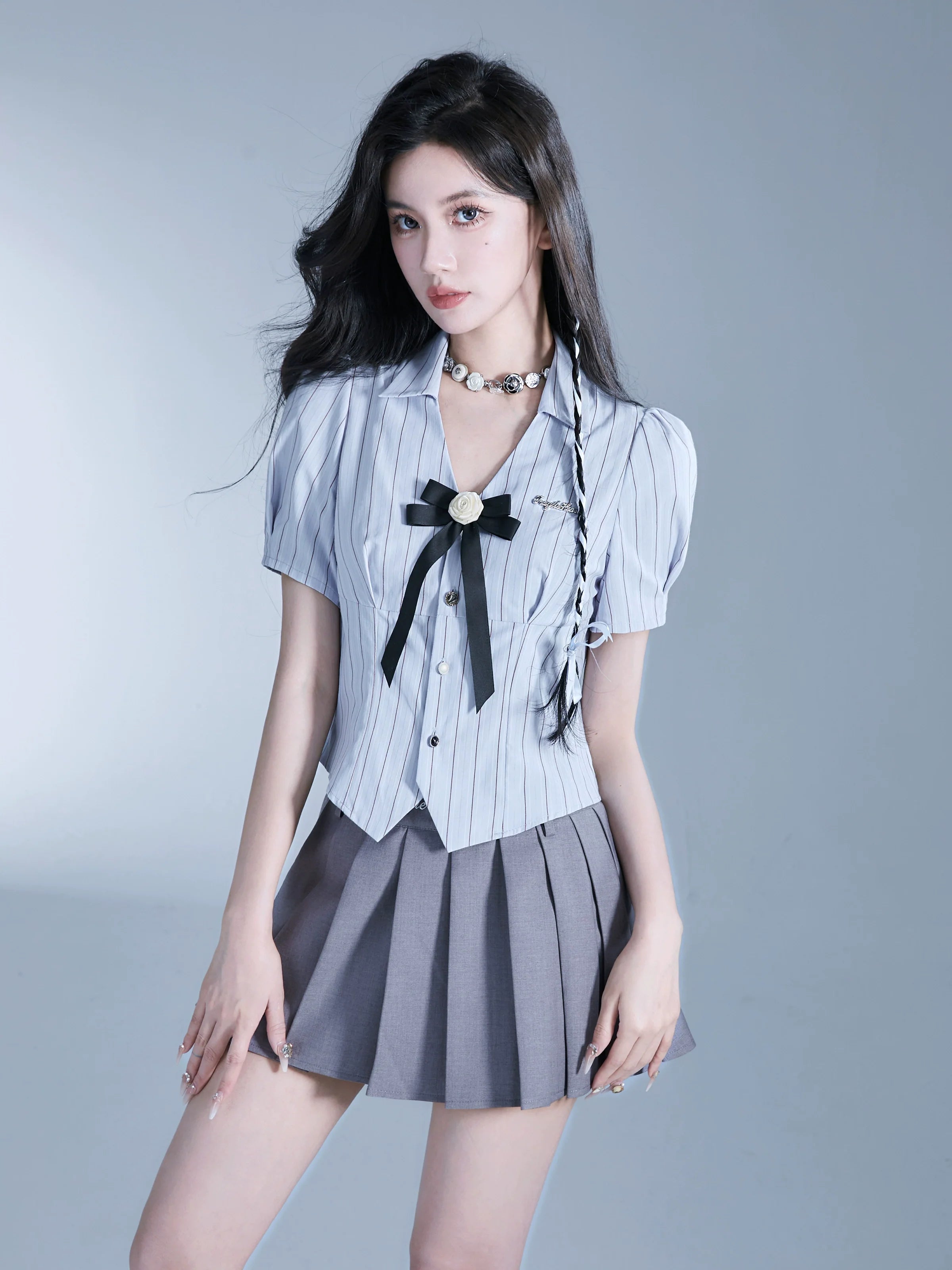 Fragile Heart Preppy Duo: Gray Pleated Mini Skirt and Bow-Tie Cropped Blouse Set Smart Business Blouse Fragile Heart Preppy Duo: Gray Pleated Mini Skirt and Bow-Tie Cropped Blouse Set Smart Business Blouse