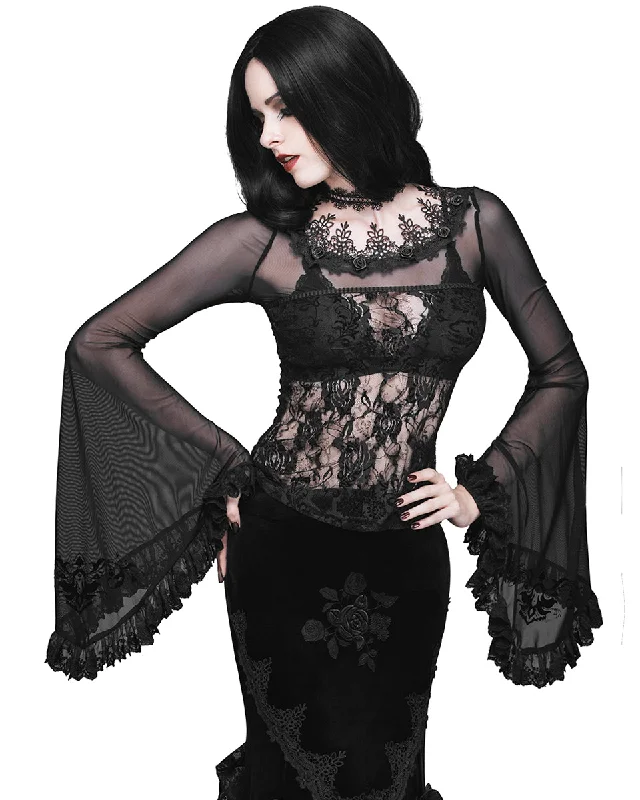 Eva Lady Gothic Rose Lace & Flocked Mesh Flare Sleeve Blouse Top Classic Minimalist Blouse Eva Lady Gothic Rose Lace & Flocked Mesh Flare Sleeve Blouse Top Classic Minimalist Blouse