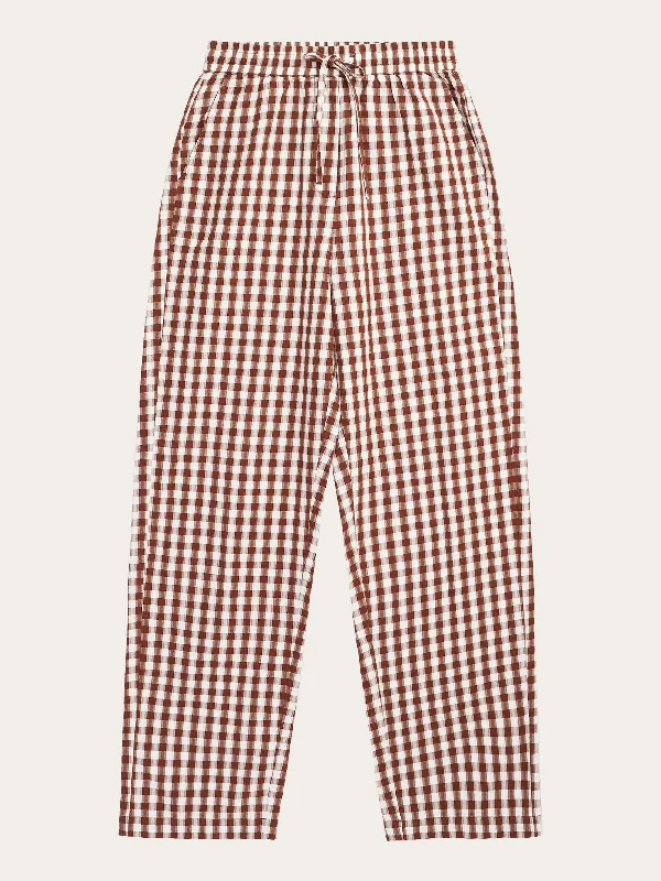 CHLOE barrel high-rise seersucker checkered elastic waistband pants - GOTS/Vegan - Brown check Elegant Wool Trousers CHLOE barrel high-rise seersucker checkered elastic waistband pants - GOTS/Vegan - Brown check Elegant Wool Trousers