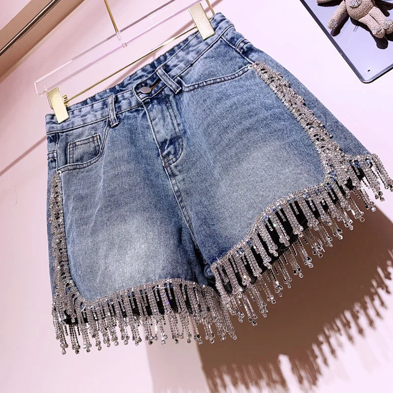 Rhinestone tassel high waist denim shorts super flash high-end diamond-studded heavy industry all-match thin pants net red hot style Soft Cotton Pants Rhinestone tassel high waist denim shorts super flash high-end diamond-studded heavy industry all-match thin pants net red hot style Soft Cotton Pants