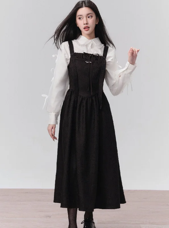 Romantic Contrast: Ruffled White Blouse and Black Midi Sundress Set Satin Bow Blouse Romantic Contrast: Ruffled White Blouse and Black Midi Sundress Set Satin Bow Blouse