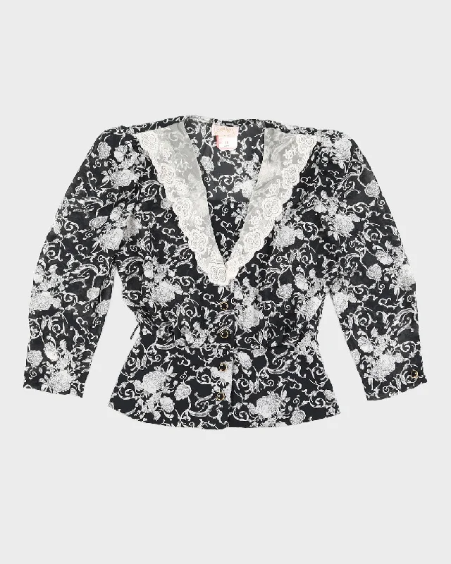 80s Vintage Black and White Patterned Blouse - S Silky Draped Blouse