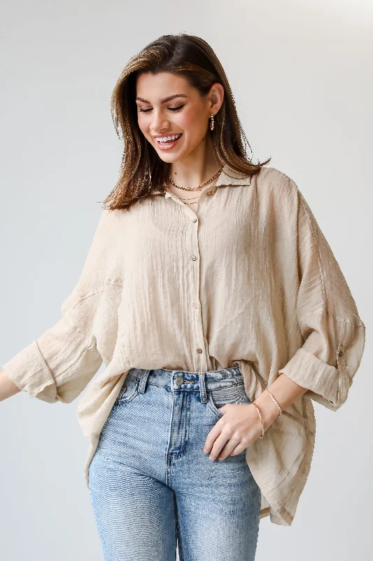 FINAL SALE - Beautiful Breezes Beige Oversized Button-Up Blouse Stretchy Fitted Blouse