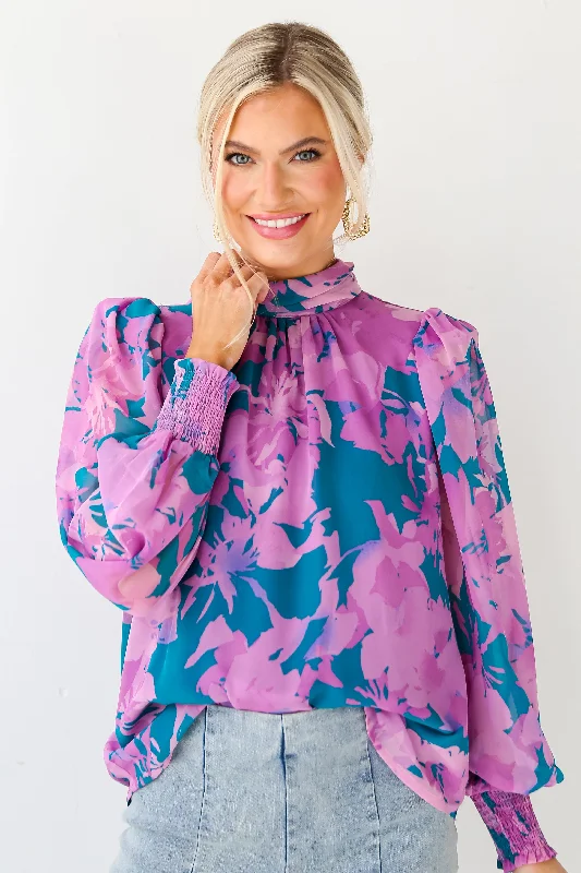 FINAL SALE - Beautiful Entrance Teal Floral Blouse Cotton Casual Blouse