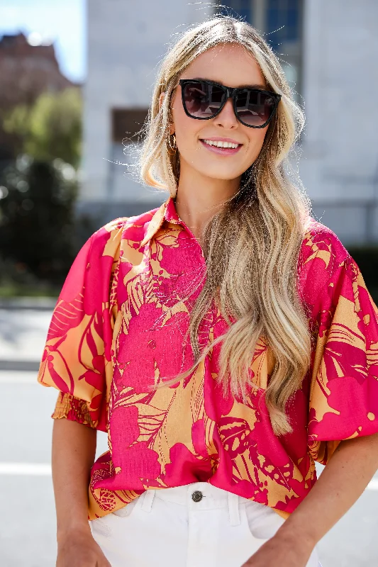 FINAL SALE - Beautifully Adored Pink Floral Blouse Classic White Blouse