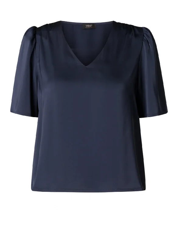 blauwe elegante blouse Puff Sleeve Blouse