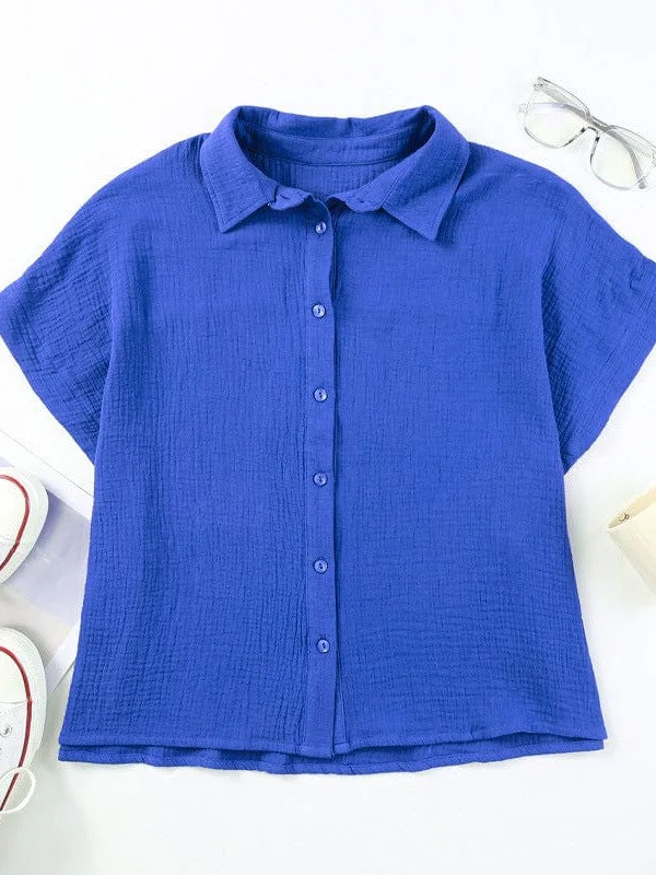 Blue Short Sleeve Collared Blouse Asymmetric Hem Blouse