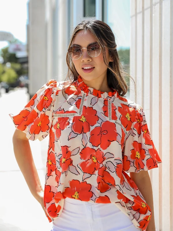 Breezy Adoration Ivory Floral Blouse Sweetheart Neck Blouse