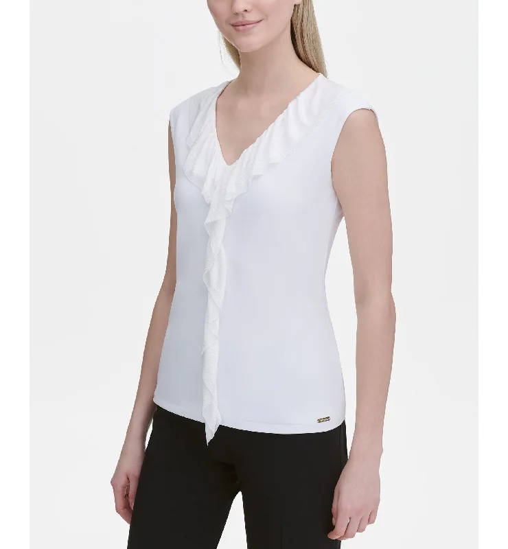 Calvin Klein Sleeveless Ruffle Blouse Elegant Embroidery Blouse