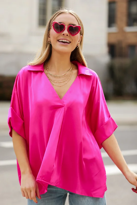 FINAL SALE - Captivating Presence Hot Pink Satin Blouse Silky Tunic Blouse