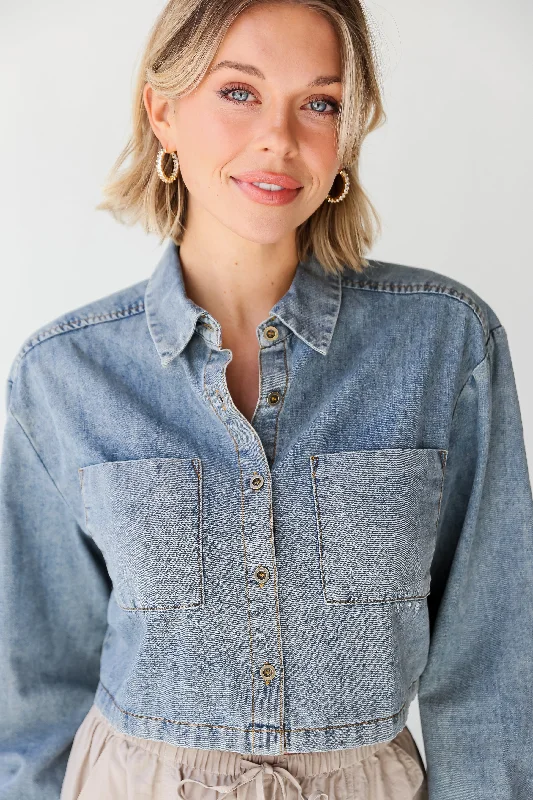 FINAL SALE - Casually Impressive Grey Denim Cropped Blouse Peter Pan Blouse