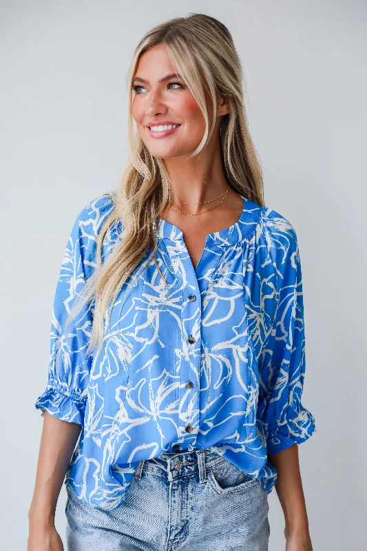 FINAL SALE - Charming Tendencies Blue Floral Blouse Sheer Sleeve Blouse