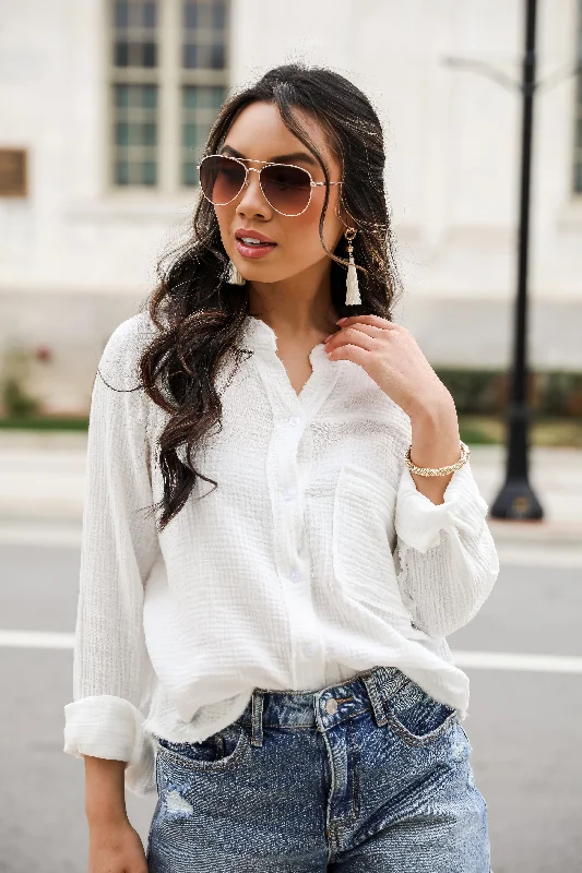 FINAL SALE - Compelling Charisma White Linen Blouse Lightweight Floral Blouse