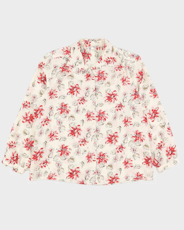 Cream With Red Floral Pattern Blouse - L Flowy Bohemian Blouse