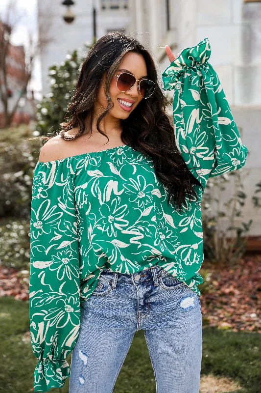 FINAL SALE - Darling Quality Green Floral Blouse Backless Summer Blouse