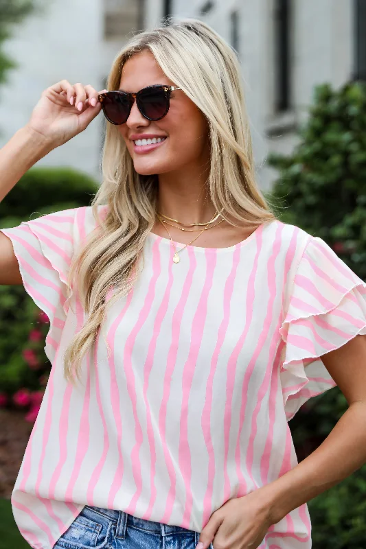 FINAL SALE - Daytime Cheer Blush Striped Blouse Sheer Sleeve Blouse