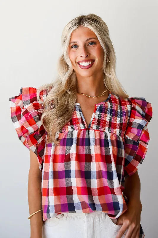 FINAL SALE - Dreamy Afternoons Fuchsia Plaid Blouse Feminine Pastel Blouse