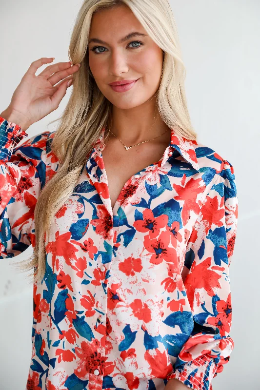 FINAL SALE - Dreamy Personality Coral Satin Floral Button-Up Blouse Elegant Peplum Blouse