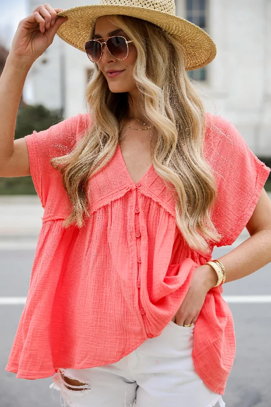 FINAL SALE - Dreamy Stroll Coral Linen Blouse Peter Pan Blouse